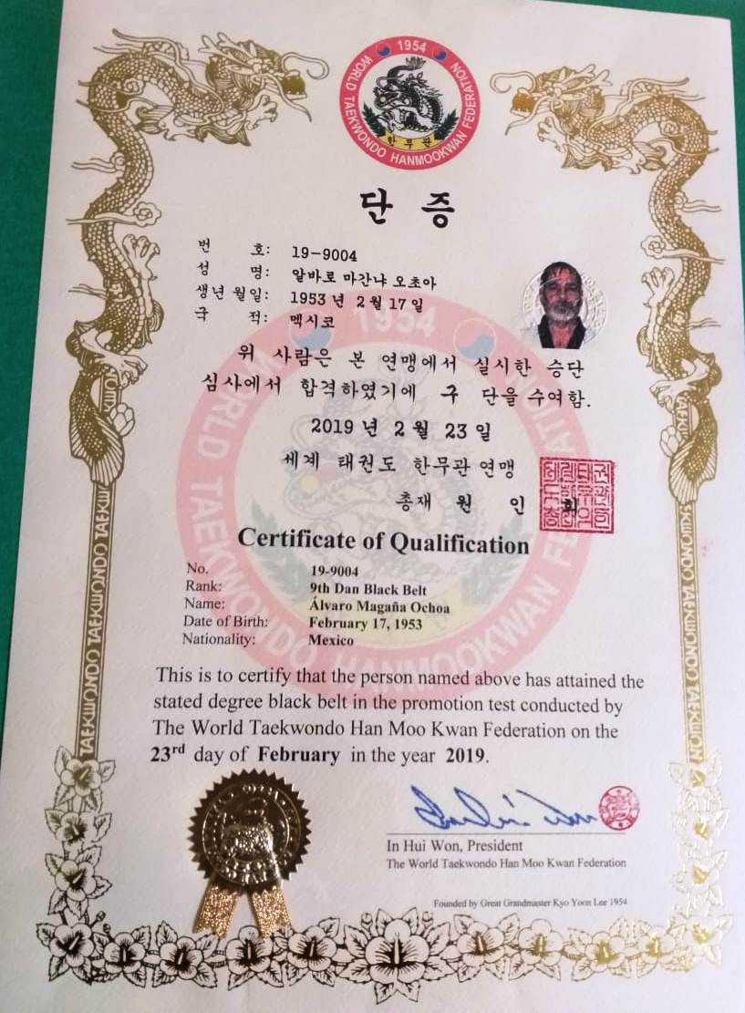 Diploma 9° Dan Han Moo Kwan del Gran Maestro Álvaro Magaña Ochoa